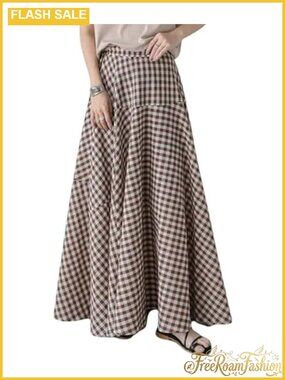 Women Flowy Plaid Gingham High Waist Tiered A-Line Maxi Skirt